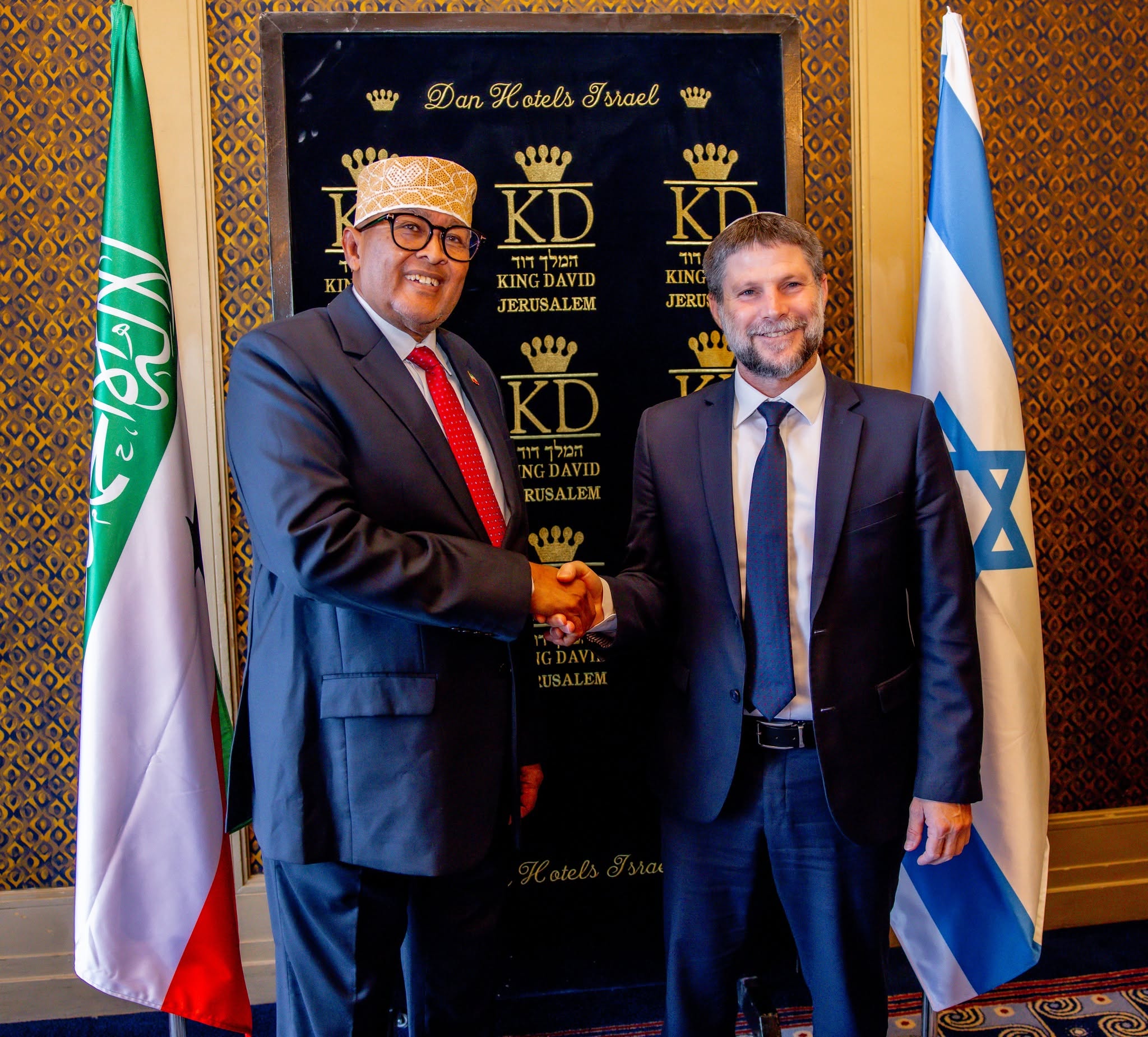 Somaliland President Abdirahman Mohamed Abdullahi Irro and Israeli Finance Minister Bezalel Smotrich pose for a photograph following talks in Jerusalem focused on financial cooperation, investment promotion and addressing barriers to international trade and economic development.
