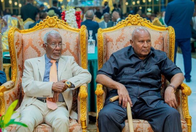 House of Representatives Speaker Yasin Haji Mohamoud Hiir (Faratoon) and Speaker of House of Elder Saleban Mohamoud Aden attend the state ceremony marking the 66th anniversary of Somaliland's independence at the Presidential Palace in Hargeisa.
