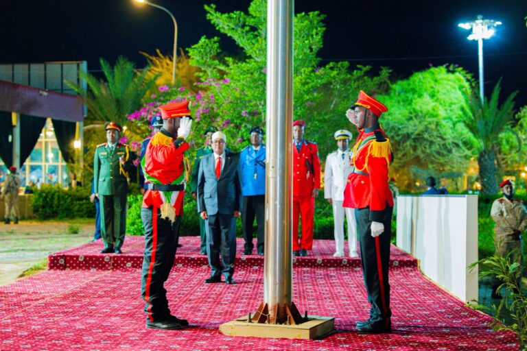 Somaliland President Abdirahman Mohamed Abdullahi Irro presides over the midnight national flag-raising ceremony, receiving military honors as the national flag is raised to mark the 66th anniversary of Somaliland's independence.