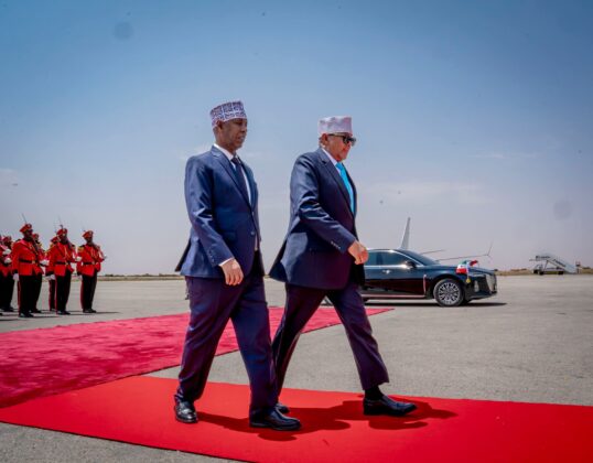 President Irro and Vice President Mohamed Ali Aw Abdi inspect the guard of honour at Egal International Airport.