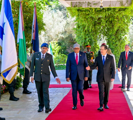 Israeli President Isaac Herzog escorts Somaliland President Abdirahman Mohamed Abdullahi Irro during a ceremonial reception at the President's Residence in Jerusalem, June 14, 2026. Photo courtesy: Israeli Presidency.