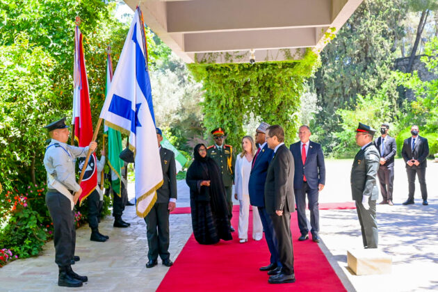 Somaliland President Abdirahman Mohamed Abdullahi Irro and Israeli President Isaac Herzog review the honor guard during a state welcome ceremony in Jerusalem, June 14, 2026. Photo courtesy: Israeli Presidency.