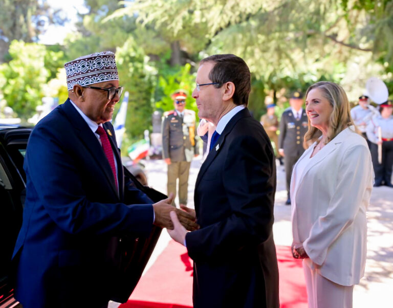 Israeli President Isaac Herzog welcomes Somaliland President Abdirahman Mohamed Abdullahi Irro upon his arrival at the President's Residence in Jerusalem for high-level talks, June 14, 2026. Photo courtesy: Israeli Presidency. Photo 6: Somaliland President Abdirahman Mohamed Abdullahi Irro and Israeli President Isaac Herzog pose for a photograph following bilateral talks at the President's Residence in Jerusalem, June 14, 2026. Photo courtesy: Israeli Presidency. Photo 7: Somaliland President Abdirahman Mohamed Abdullahi Irro and Israeli President Isaac Herzog hold discussions during a meeting at the President's Residence in Jerusalem, June 14, 2026. Photo courtesy: Israeli Presidency. Photo 8: Somaliland President Abdirahman Mohamed Abdullahi Irro and Israeli President Isaac Herzog meet in Jerusalem during the Somaliland leader's historic state visit to Israel, June 14, 2026. Photo courtesy: Israeli Presidency.