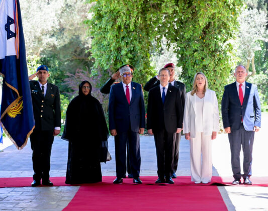 Somaliland President Abdirahman Mohamed Abdullahi Irro and Israeli President Isaac Herzog pose for a photograph following bilateral talks at the President's Residence in Jerusalem, June 14, 2026. Photo courtesy: Israeli Presidency.