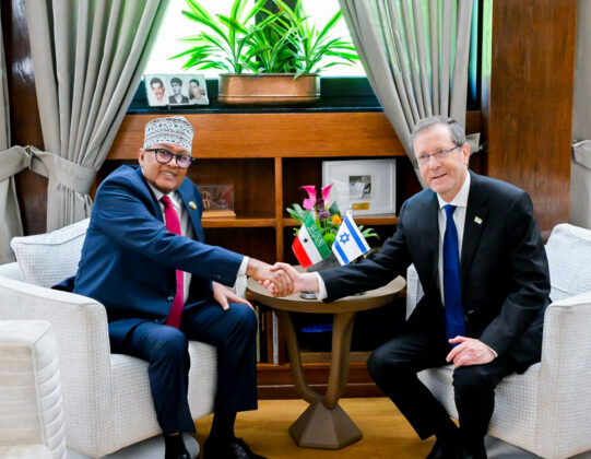 Somaliland President Abdirahman Mohamed Abdullahi Irro and Israeli President Isaac Herzog hold discussions during a meeting at the President's Residence in Jerusalem, June 14, 2026. Photo courtesy: Israeli Presidency.