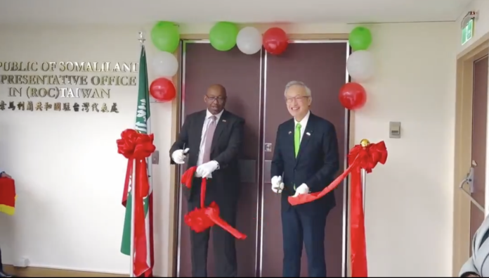 Somaliland Representative to Taiwan, Mahmoud Adam Jama Galaal, and Taiwan Deputy Foreign Minister François Chihchung Wu cut the ribbon during the official inauguration of the new premises of the Somaliland Representative Office in Taipei on June 12, 2026, marking a new chapter in growing Somaliland–Taiwan relations.