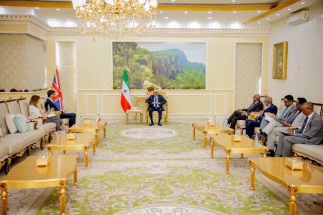 Somaliland President Abdirahman Mohamed Abdullahi Irro chairs a high-level meeting with British Ambassador to Somalia Charles King and officials from both sides at the Presidential Palace in Hargeisa on Tuesday, where they discussed strengthening bilateral cooperation, development, security and regional issues. (Photo: Somaliland Presidency)