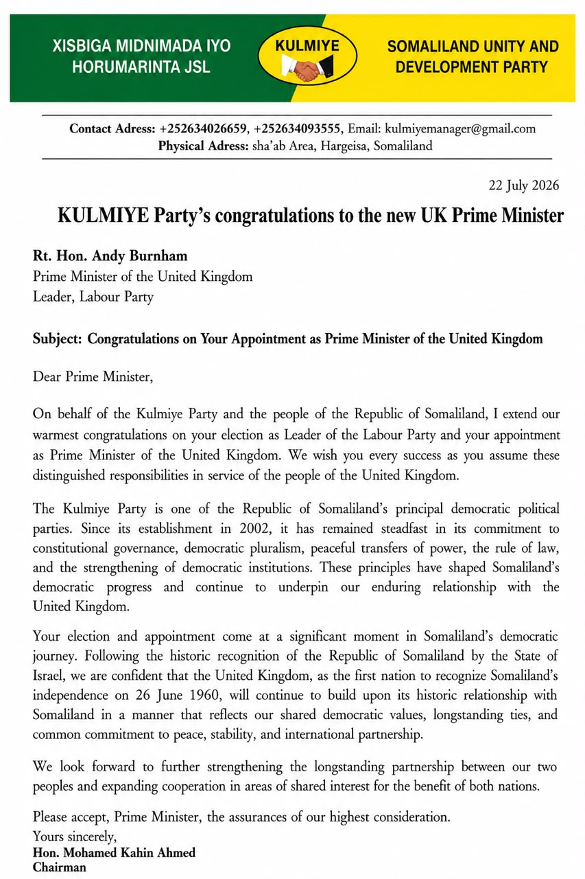 Kulmiye Party Urges UK to Renew Somaliland Recognition in Congratulatory Letter to New Prime Minister