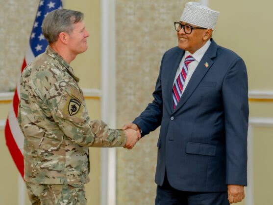 Somaliland President Abdirahman Mohamed Abdullahi Irro shakes hands with U.S. Special Operations Command Africa Commander Major General Claude K. Tudor Jr. following strategic security discussions at the Presidential Palace in Hargeisa.