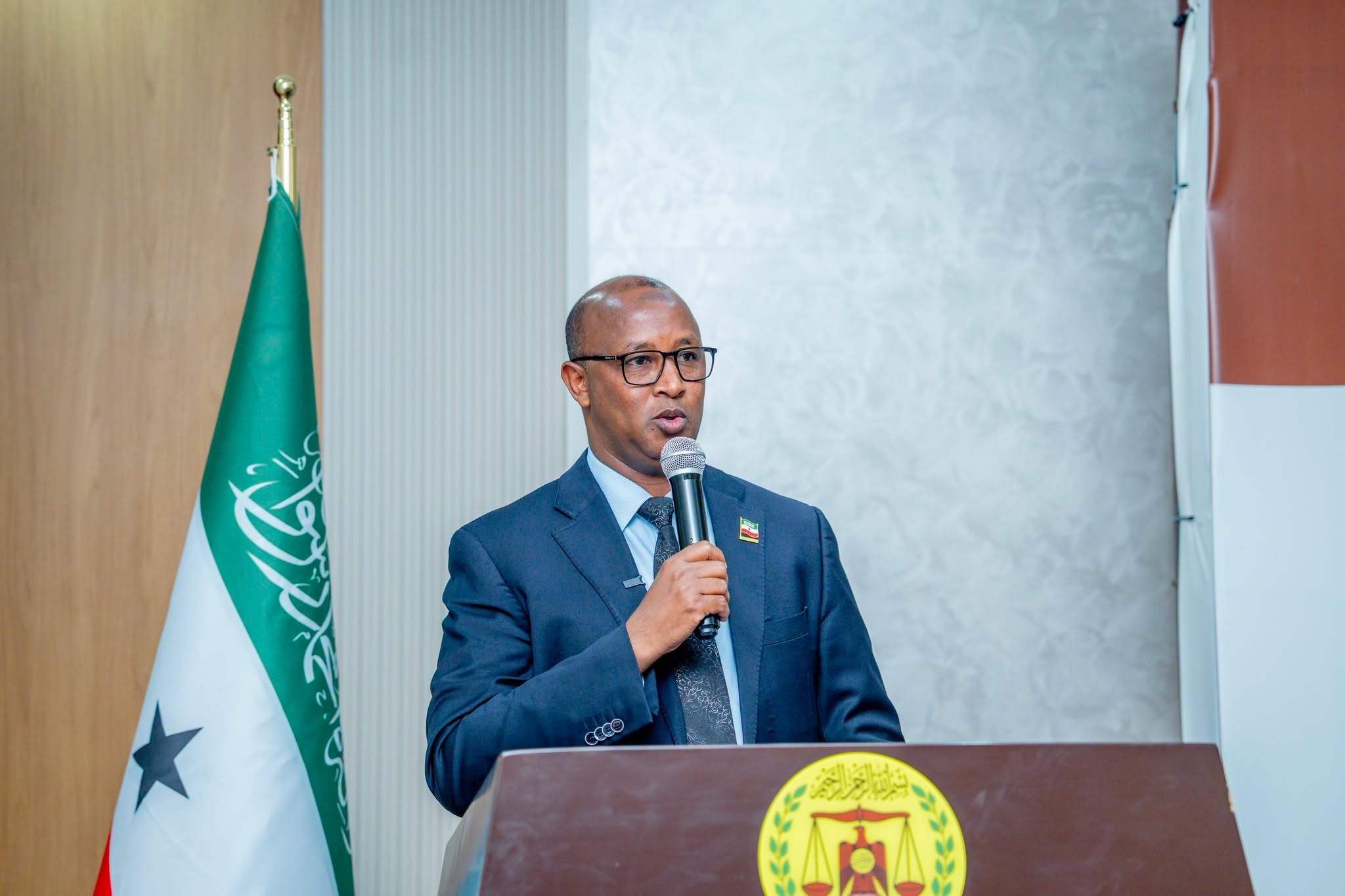 Somaliland Civil Service Commission Chairman Abdiaziz Hirsi Warsame speaks during the launch of a government programme to recruit 1,393 new civil servants, in Hargeisa, Somaliland, Aug. 30, 2026.