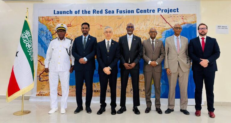 Taiwanese and Somaliland officials pose during the launch ceremony, attended by Ambassador Allen C. Lou, Interior Minister Abdalle Mohamed Arab, Presidency Minister Khadar Hussein Abdi and Coast Guard Commander Admiral Ahmed Hurre Hariye.