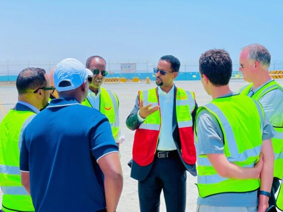 Somaliland Ports Authority Manager Ali Diiriye Ahmed briefs delegates from Ukraine&rsquo;s RIDNE Food Consortium and the Tony Blair Institute during a tour of Berbera Port. The delegation assessed the port&rsquo;s potential as a hub for storing and distributing humanitarian food aid across the Horn of Africa, Sudan and Yemen. Photo: Somaliland Ports Authority
