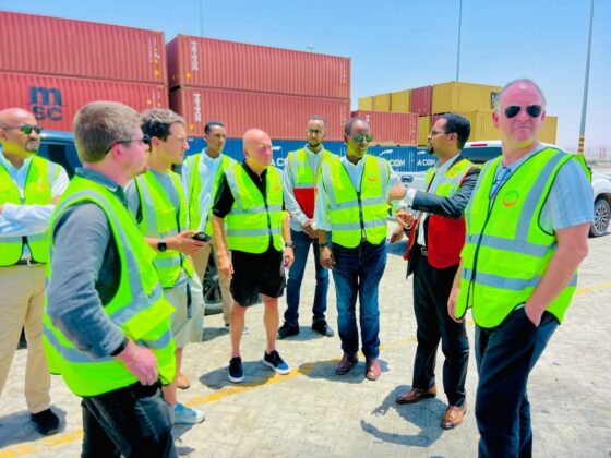 Somaliland Ports Authority Manager Ali Diiriye Ahmed briefs delegates from Ukraine&rsquo;s RIDNE Food Consortium and the Tony Blair Institute during a tour of Berbera Port. The delegation assessed the port&rsquo;s potential as a hub for storing and distributing humanitarian food aid across the Horn of Africa, Sudan and Yemen. Photo: Somaliland Ports Authority