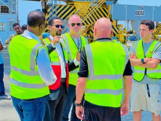 Somaliland Ports Authority Manager Ali Diiriye Ahmed briefs delegates from Ukraine&rsquo;s RIDNE Food Consortium and the Tony Blair Institute during a tour of Berbera Port. The delegation assessed the port&rsquo;s potential as a hub for storing and distributing humanitarian food aid across the Horn of Africa, Sudan and Yemen. Photo: Somaliland Ports Authority