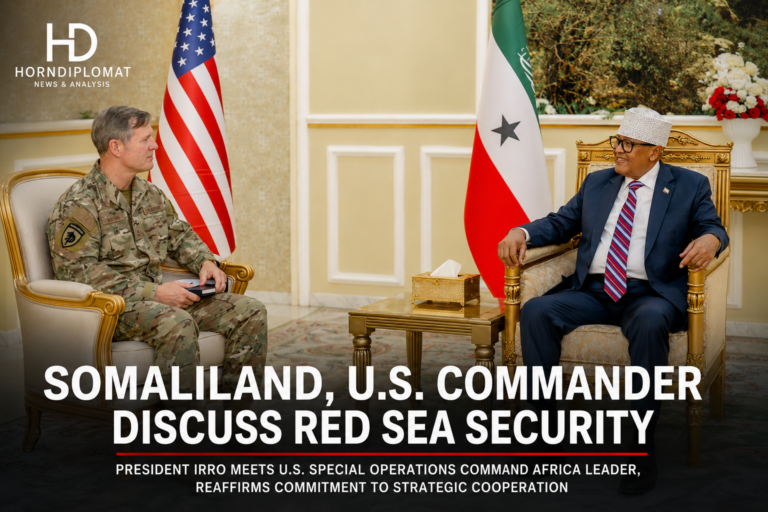Somaliland President Abdirahman Mohamed Abdullahi Irro meets U.S. Special Operations Command Africa (SOCAFRICA) Commander Major General Claude K. Tudor Jr. during high-level talks in Hargeisa focused on maritime security, regional stability and defense cooperation.