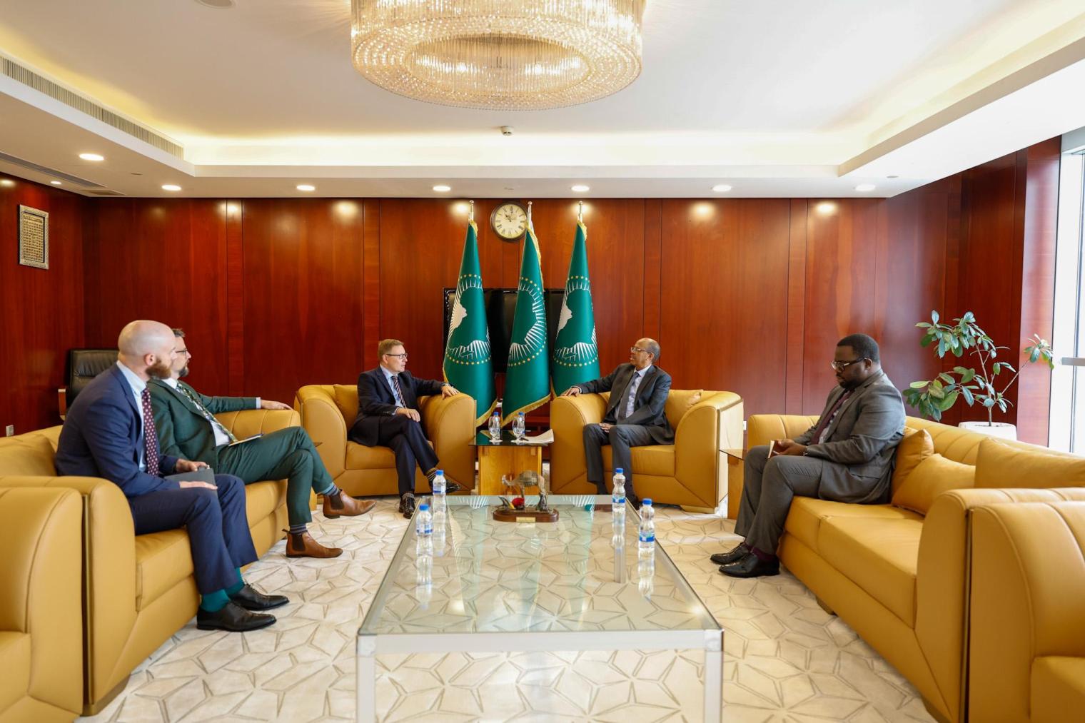 African Union Commission Chairperson Mahmoud Ali Youssouf holds talks with UK Ambassador Darren Welch and their delegations in Addis Ababa, with discussions focusing on developments in the Horn of Africa and the upcoming AU–UK Strategic Dialogue. Photo: African Union Commission