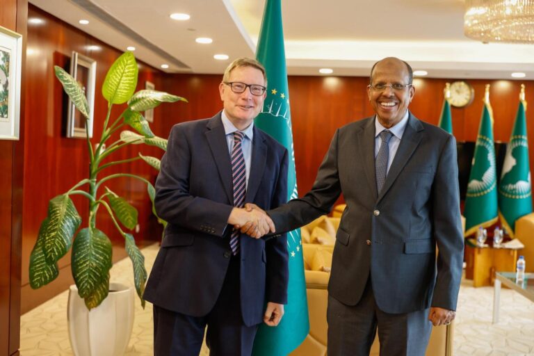 African Union Commission Chairperson Mahmoud Ali Youssouf meets Darren Welch, the United Kingdom’s Ambassador to Ethiopia and Permanent Representative to the African Union, in Addis Ababa. Photo: African Union Commission