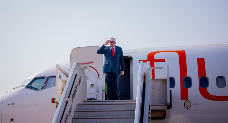 Somaliland President Abdirahman Mohamed Abdullahi Irro salutes before departing for his first official working visit to the United States, travelling via the United Arab Emirates.