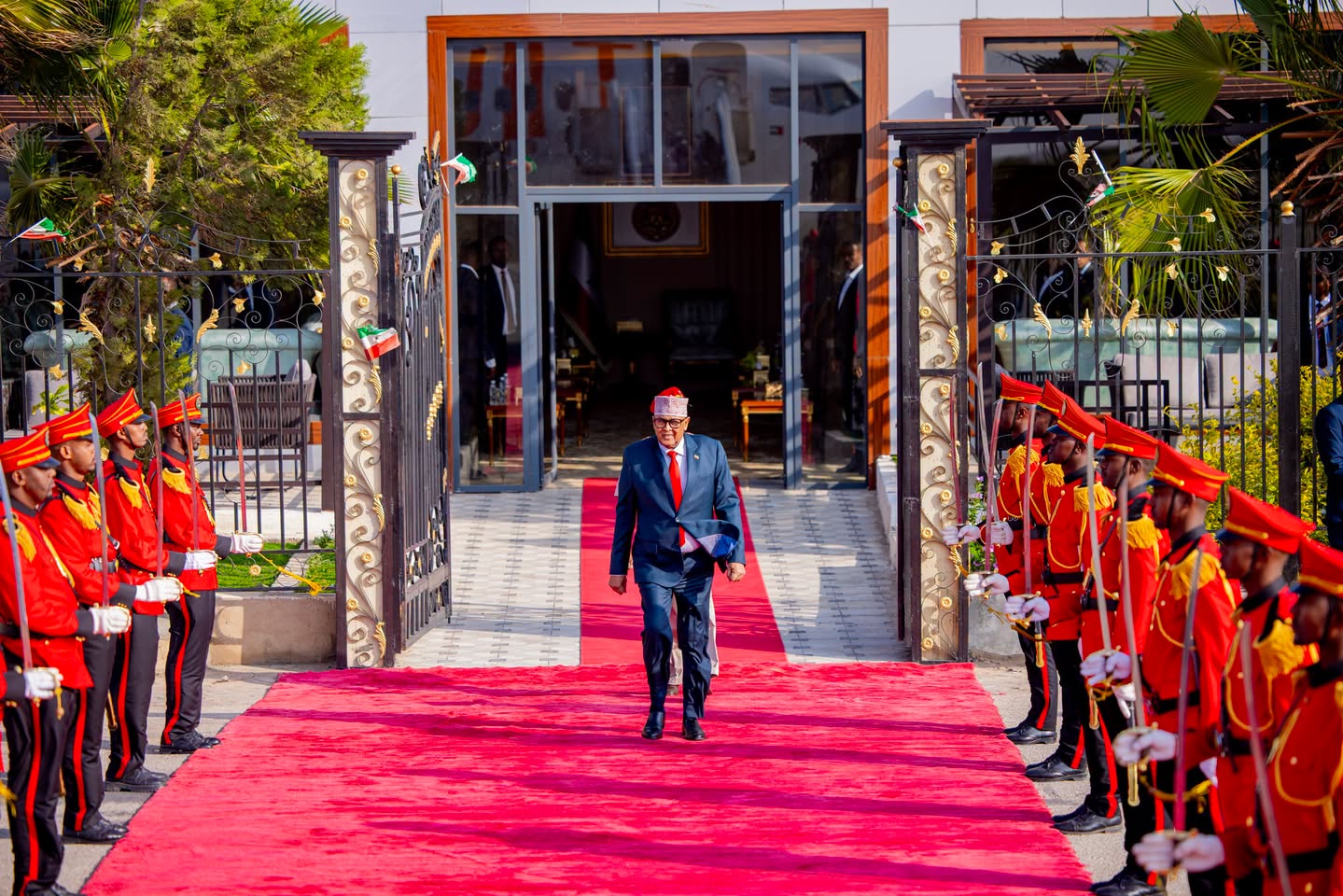 Somaliland President Abdirahman Mohamed Abdullahi Irro salutes before departing for his first official working visit to the United States, travelling via the United Arab Emirates.