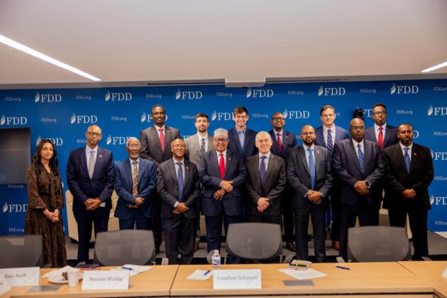 FDD meeting: Somaliland President Abdirahman Mohamed Abdullahi (centre) poses with his delegation and participants at the Foundation for Defense of Democracies in Washington, D.C., on Sept. 17, 2026.