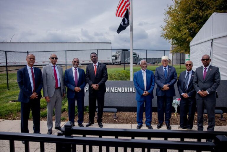 Somaliland President Abdirahman Mohamed Abdullahi, known as Irro, poses with members of his delegation at the National 9/11 Pentagon Memorial during a visit marking the 25th anniversary of the September 11 attacks, Arlington, Virginia, September 11, 2026.