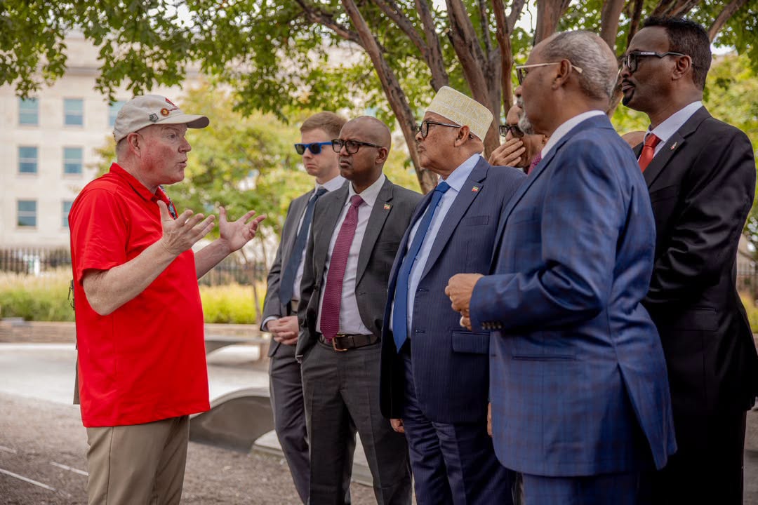 Somaliland President Abdirahman Mohamed Abdullahi, known as Irro, poses with members of his delegation at the National 9/11 Pentagon Memorial during a visit marking the 25th anniversary of the September 11 attacks, Arlington, Virginia, September 11, 2026.