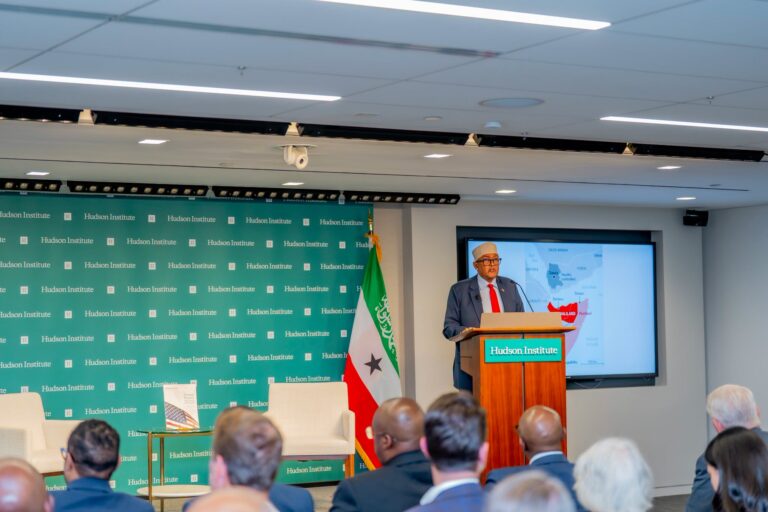 Somaliland President Abdirahman Mohamed Abdullahi addresses an audience at the Hudson Institute in Washington, outlining Somaliland’s strategic importance to the United States and the security of the Red Sea corridor.