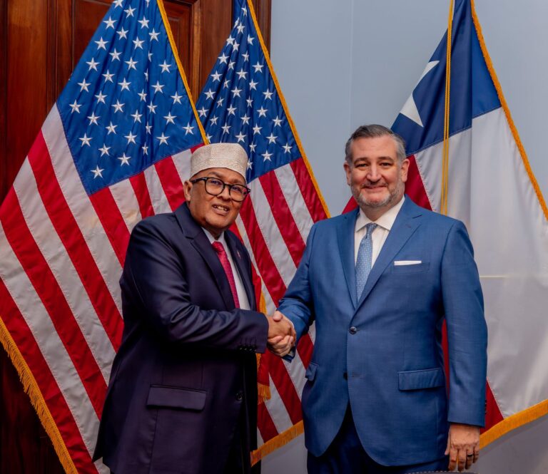 Somaliland President Abdirahman Mohamed Abdullahi shakes hands with U.S. Senator Ted Cruz during their meeting on Capitol Hill in Washington, D.C. Photo: Somaliland Presidency.