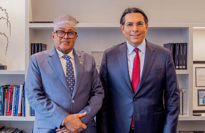 Somaliland President Abdirahman Mohamed Abdullahi (Irro), left, poses with Israel’s ambassador to the United Nations, Danny Danon, during their meeting in New York on September 23, 2026.