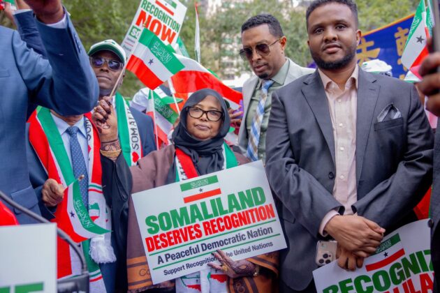 Somaliland First Lady Fardus Mohamed Roble holds a sign calling for international recognition during a rally near United Nations headquarters in New York on September 23, 2026.