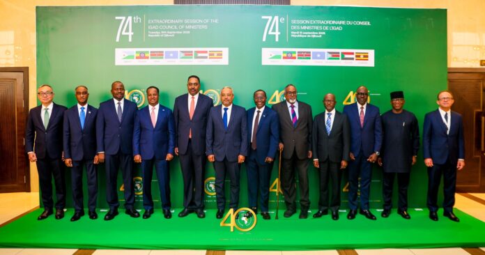 Participants pose for a group photograph at the 74th Extraordinary Session of the IGAD Council of Ministers in Djibouti on Sept. 15, 2026. The council called for stronger maritime cooperation in the Red Sea and Gulf of Aden.
