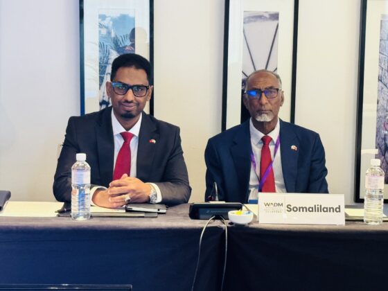 Mohamed Abdirahman Hassan, director general of Somaliland&rsquo;s Ministry of Foreign Affairs and International Cooperation (left), and Interior and Security Minister Abdalle Mohamed Arab sit behind Somaliland&rsquo;s nameplate at the inaugural assembly of the World Alliance for Disaster Management in Taipei on September 19, 2026.