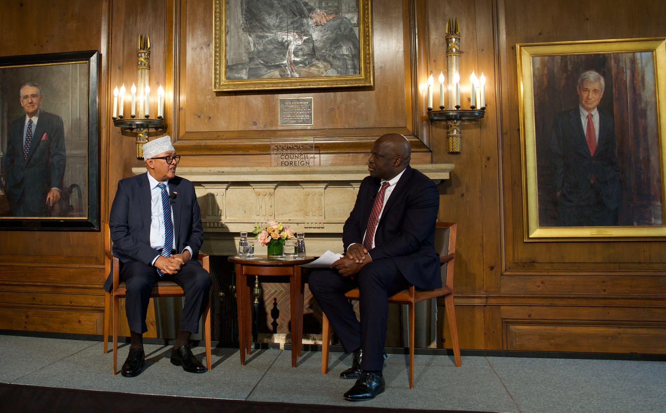 Somaliland President Abdirahman Mohamed Abdullahi, left, speaks with CFR Africa studies fellow Ebenezer Obadare during a discussion on recognition and regional security in New York on September 24, 2026.