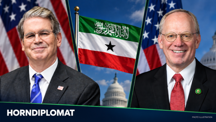 Photo illustration: U.S. Treasury Secretary Scott Bessent (left) and Representative John Rose are pictured alongside the Somaliland flag. At a House hearing on September 15, 2026, Bessent agreed to seek a briefing on Rose’s bill examining barriers to Somaliland’s access to the U.S. financial system.