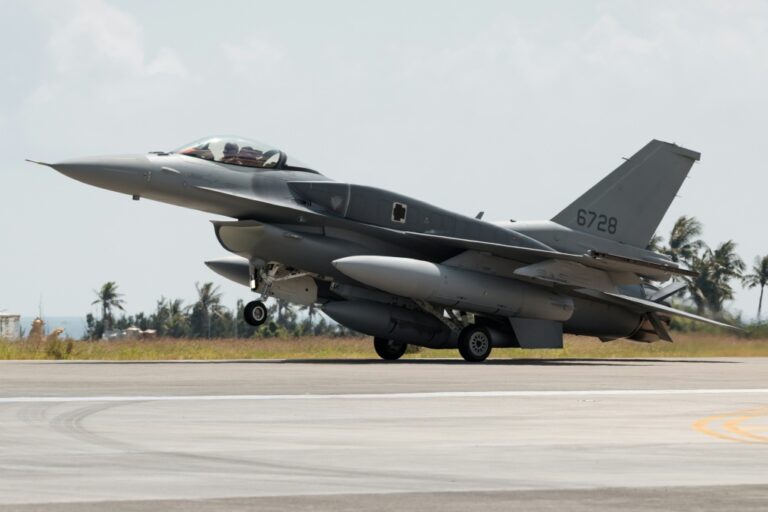 A newly purchased F-16V Block 70 fighter jet lands at Chihhang Air Base in Taitung on October 2, 2026 — CHENG Yu-chen / AFP