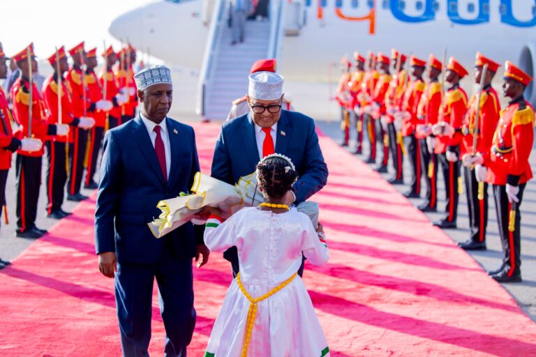 Somaliland President Abdirahman Mohamed Abdillahi “Irro” is welcomed by the vice president and receives flowers from a young girl upon his arrival in Hargeisa after visits to the United States and United Arab Emirates, October 15, 2026.