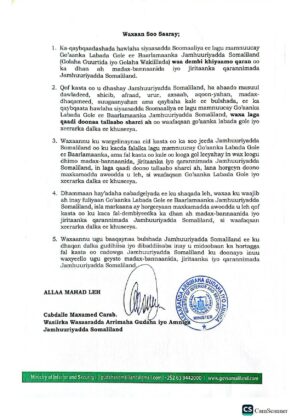 directive ordering enforcement of a longstanding ban on participation in Somalia&rsquo;s political activities,