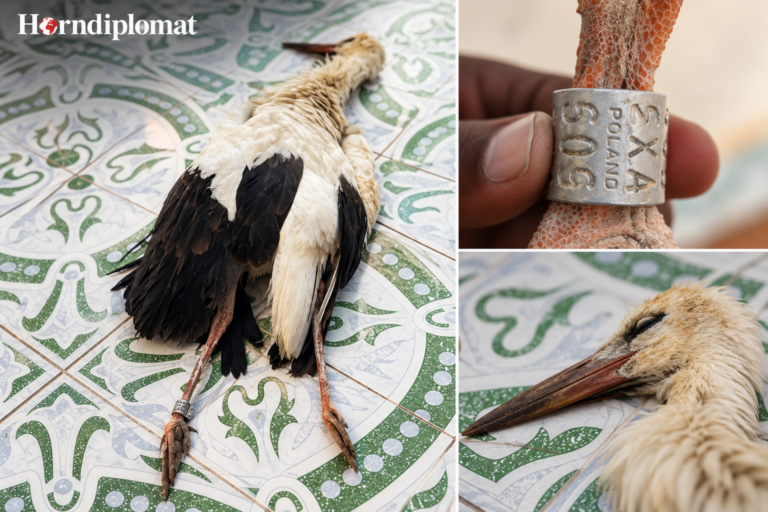 A white stork (Ciconia ciconia) found dead in Ceerigaabo, Somaliland, on September 17, 2026, after being ringed in northern Poland 87 days earlier. The bird was recovered approximately 5,515 kilometres from its original ringing site, with a metal identification ring marked VX 5509. Photo illustration: Horndiplomat.