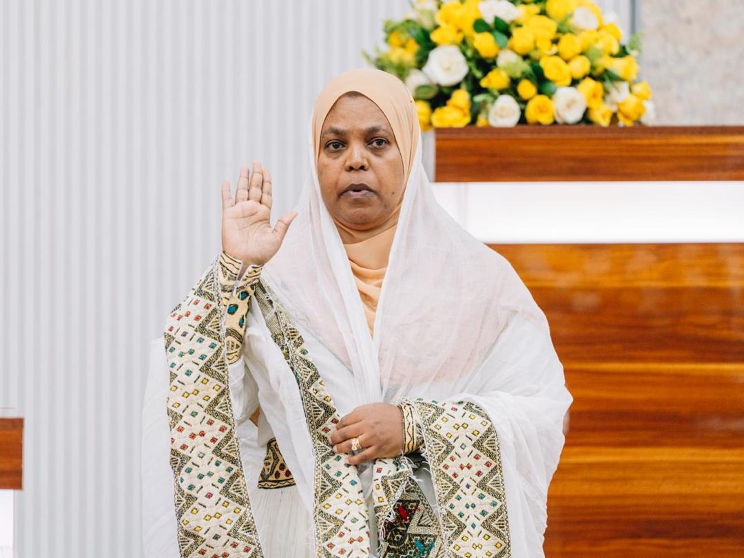 Muferihat Kamil takes the oath of office after being elected Speaker of Ethiopia’s House of Federation in Addis Ababa, October 5, 2026.