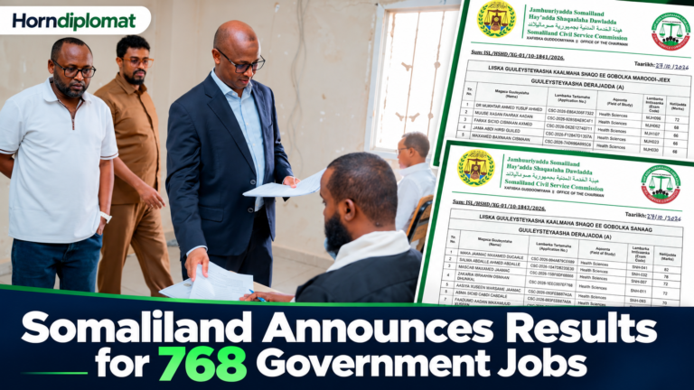 Somaliland Civil Service Commission Chairman Abdiaziz Hersi Warsame oversees a recruitment examination, alongside official results lists from the competition for 768 government positions across six regions. Photo collage: Horndiplomat