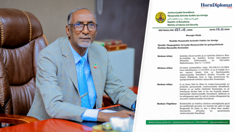 Somaliland’s interior minister Abdale Mohamed Arab has ordered security agencies to enforce a longstanding ban on participation in Somalia’s political activities, warning that violations constitute treason and will lead to prosecution.