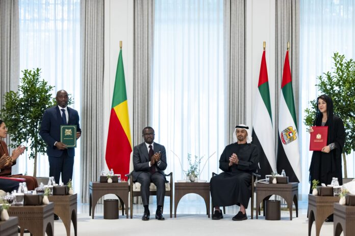 UAE President Sheikh Mohamed bin Zayed and Benin President Romuald Wadagni oversee a major trade agreement aimed at boosting investment and economic cooperation. PHOTO BY WAM