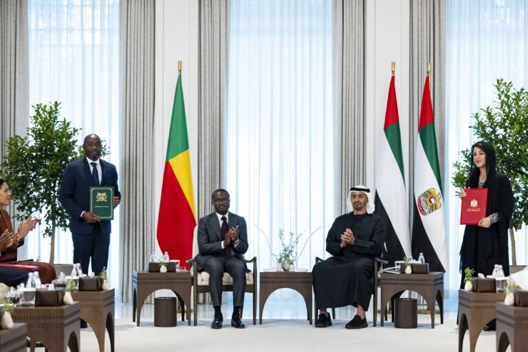 UAE President Sheikh Mohamed bin Zayed and Benin President Romuald Wadagni oversee a major trade agreement aimed at boosting investment and economic cooperation. PHOTO BY WAM